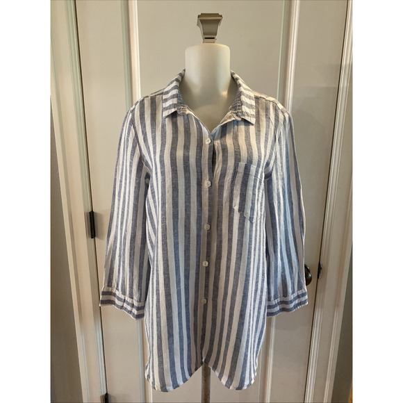 Habitat Tops - Habitat Clothing 100% Linen Medium Blue White Striped Button Up Shirt